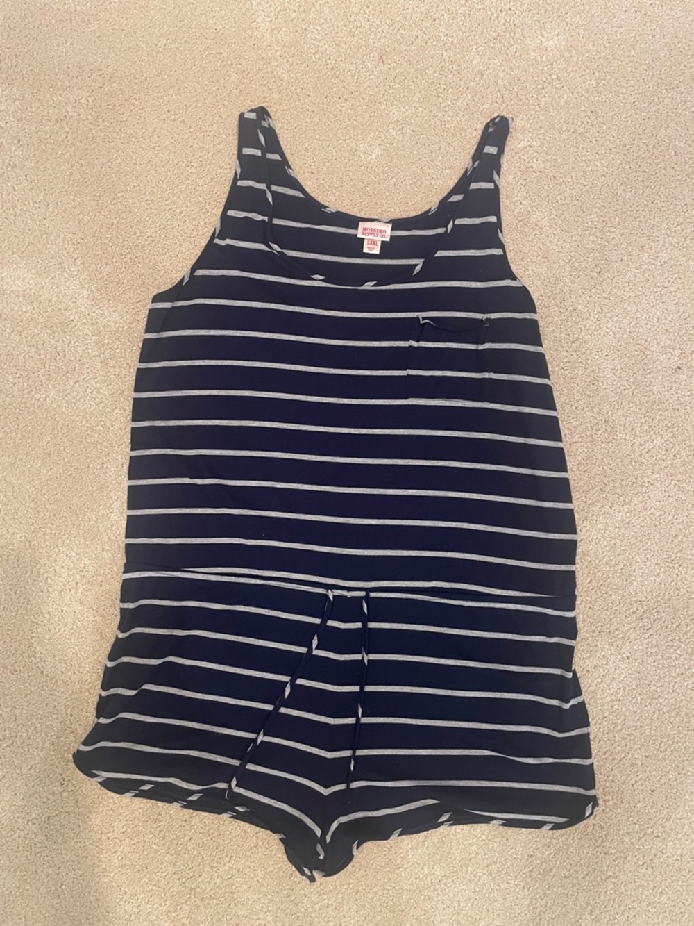 Mossimo navy with gray stripes casual shorts romper with pockets, size XXL